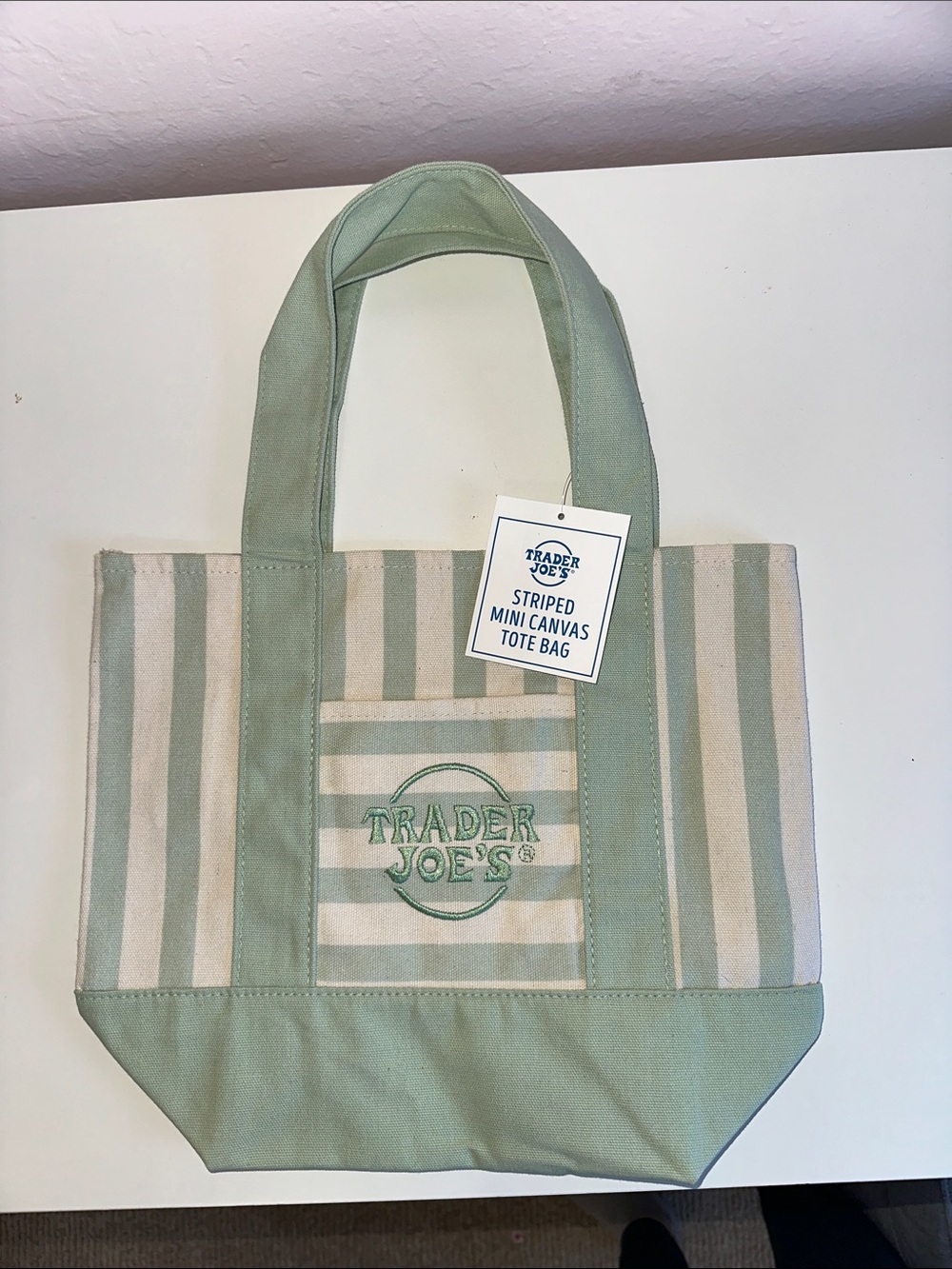 Trader Joe's Striped Mini Canvas Tote Bag in Sage Green